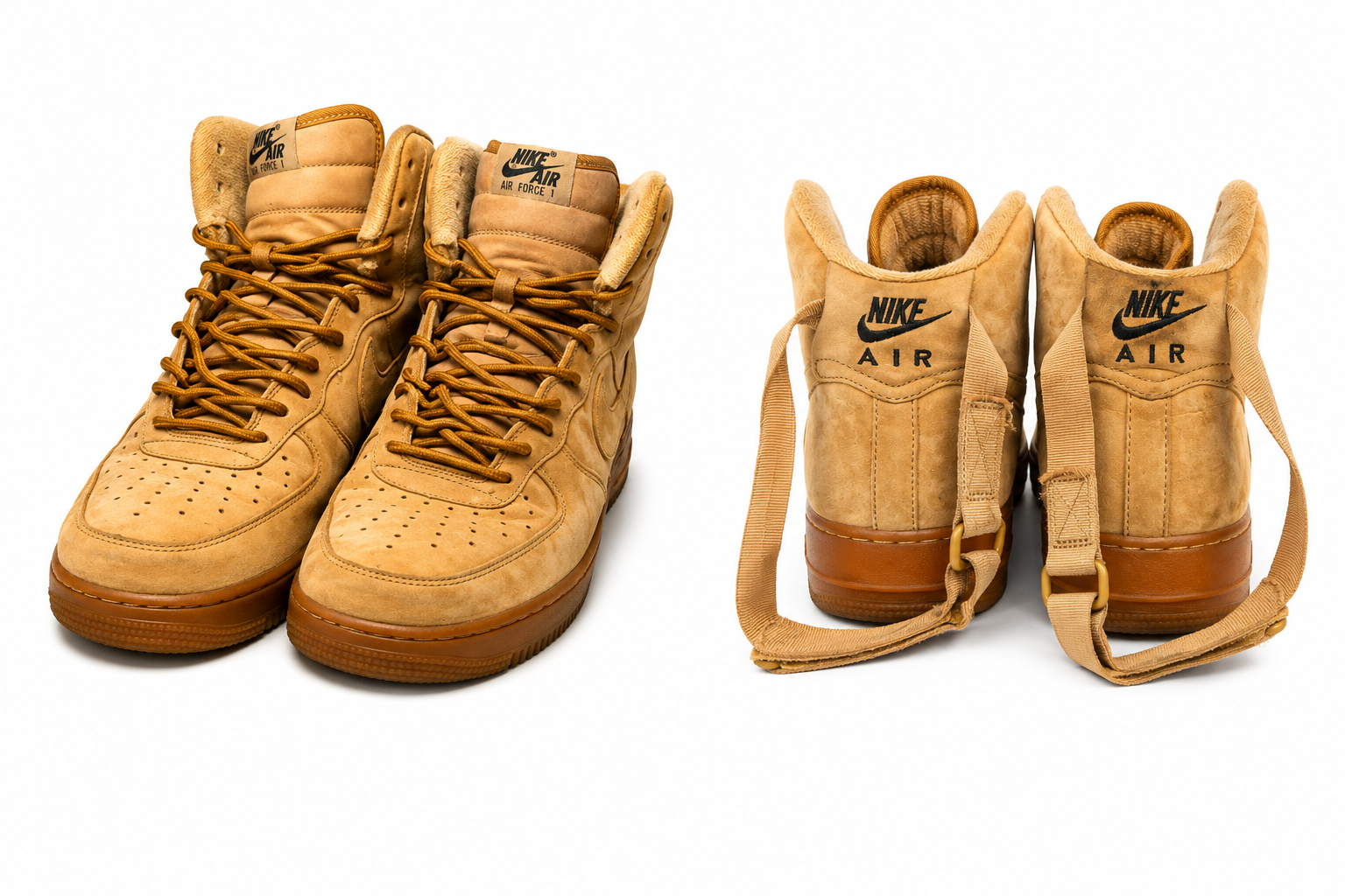 Nike Air Force 1 High tan and brown special interest sneakers showing front and rear details