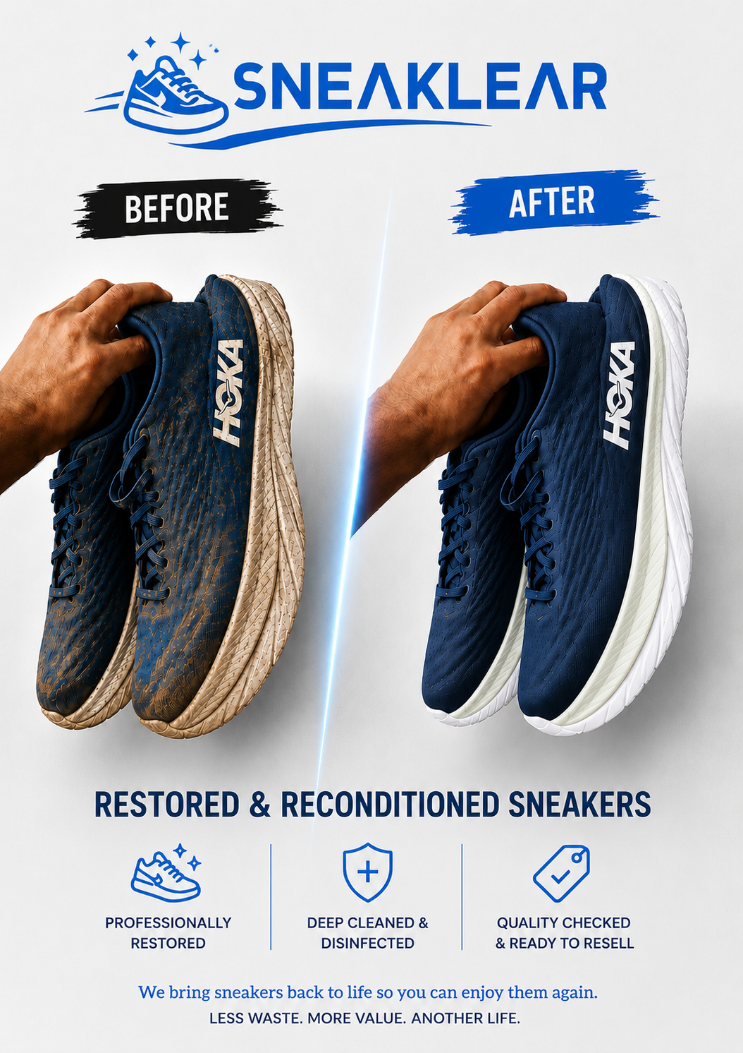 Sneakers before and after SNEAKLEAR restoration